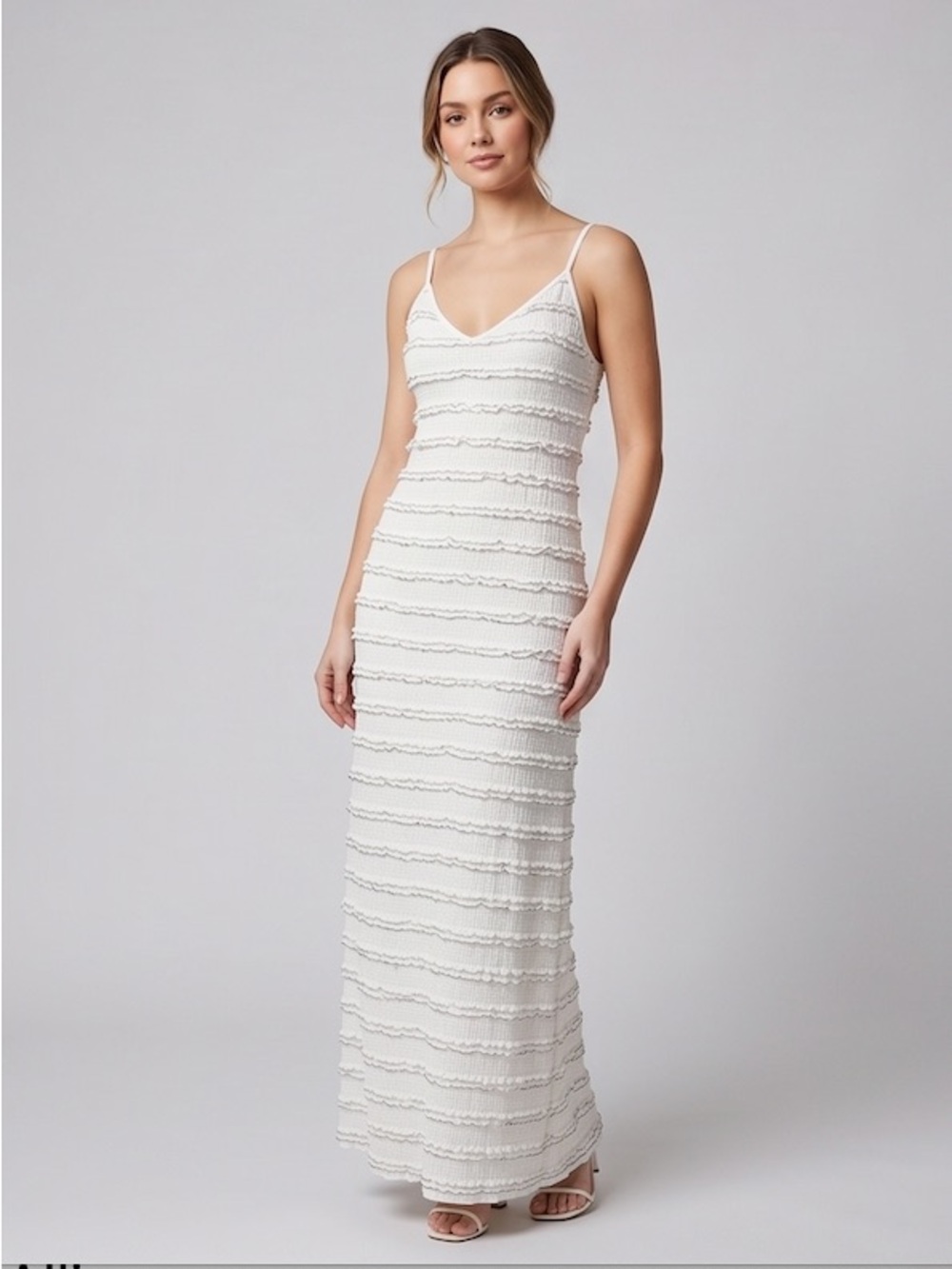 Off White Boho Ruffled A-Line Slip Dress with Contrast Trim